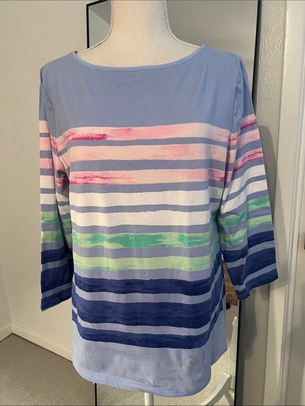 Talbots Light Blue Striped Boatneck 3/4 Sleeve Top